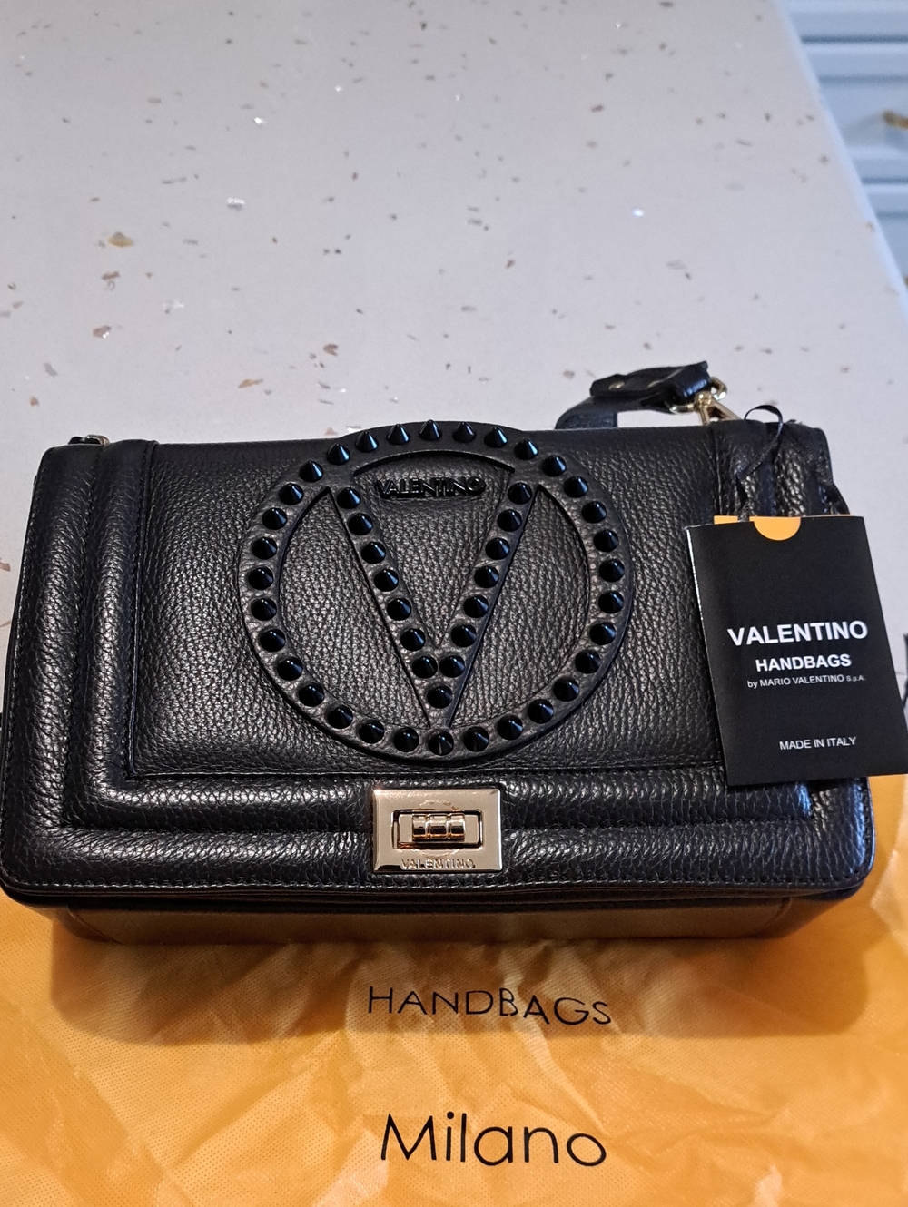 Valentino Black Leather Alice Rock Shoulder Bag with Studded V Logo